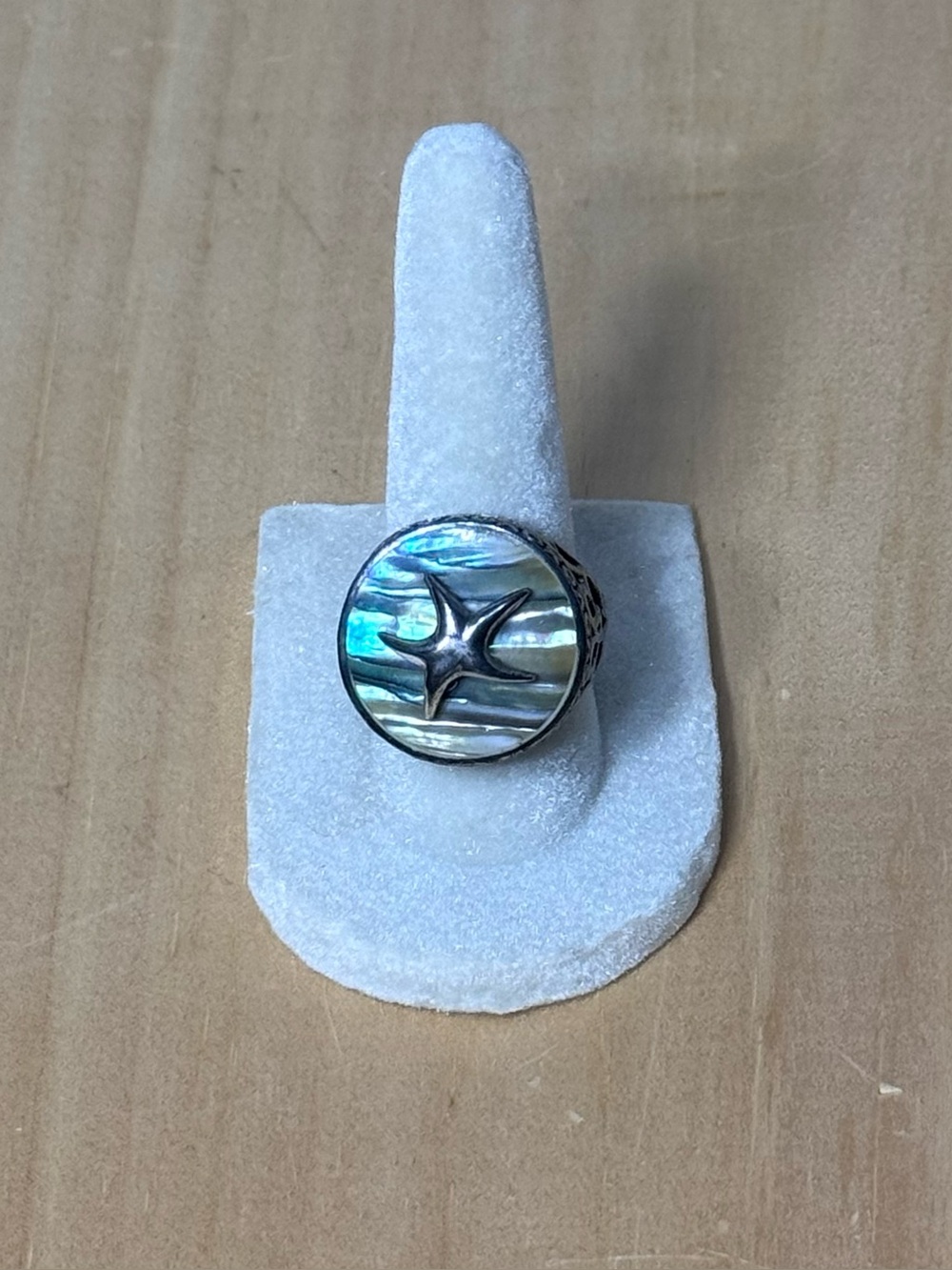 Abalone Inlay with Starfish Ring with Silver Tone Filigree Band Size 7